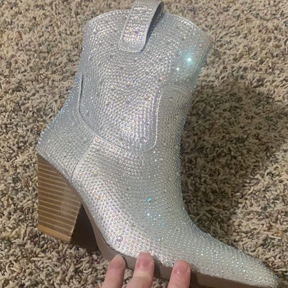 Women's Rhinestone Block Heel Mid Calf Short Boots - Picture 3 of 9